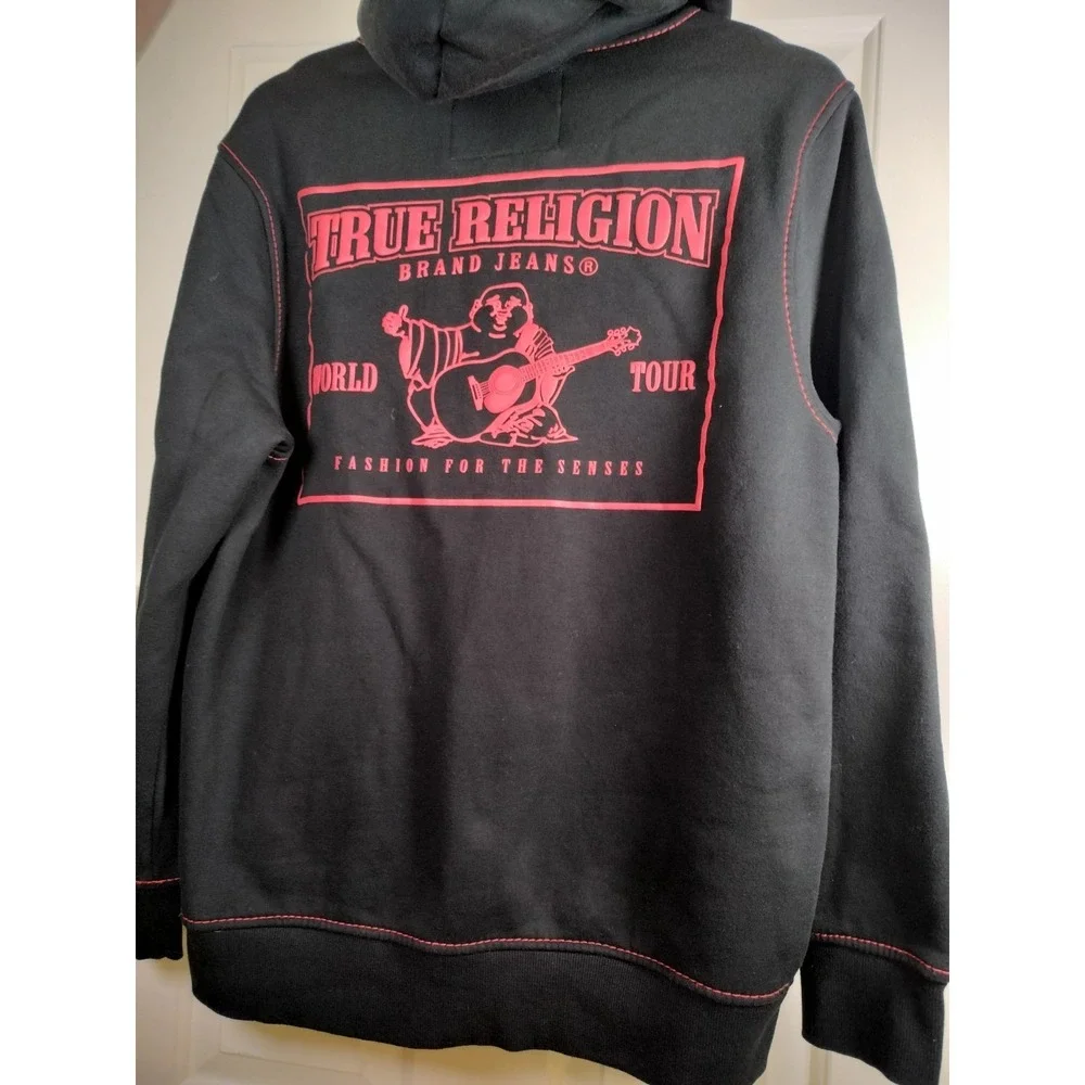 True Religion Mens XL Black Red Contrast Stitch Full Zip Hoodie Buddha Worldtour